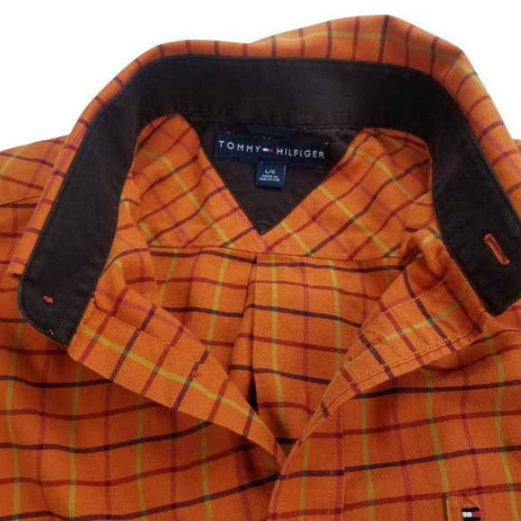 Tommy Hilfiger Button Down Long Sleeve Shirt Mens Sz L Orange Windowpane - Picture 6 of 16